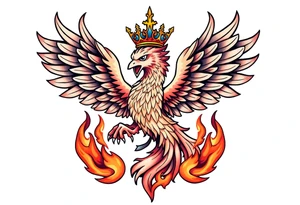 powerful majestic Phoenix with crown, surrounded by flames tattoo idea