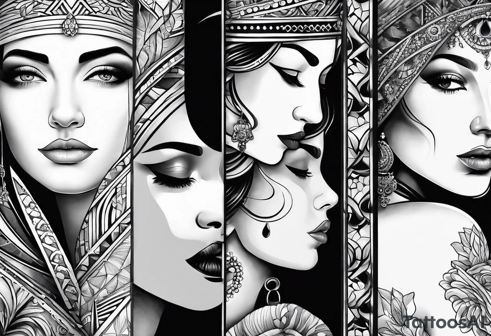 Three women's faces next to each other. The woman on the left a young woman, the middle  is a mother the right is a grandmother tattoo idea