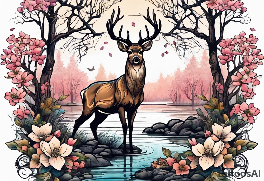 Deer standing in front of a pond with trees and dogwood flowers in the background tattoo idea