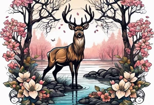 Deer standing in front of a pond with trees and dogwood flowers in the background tattoo idea