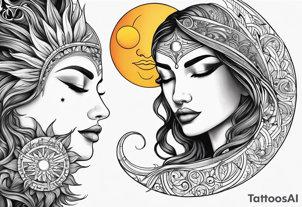 sun and the moon, the overlap
the sun has a woman's half 
face, and the moon, a man's face half tattoo idea