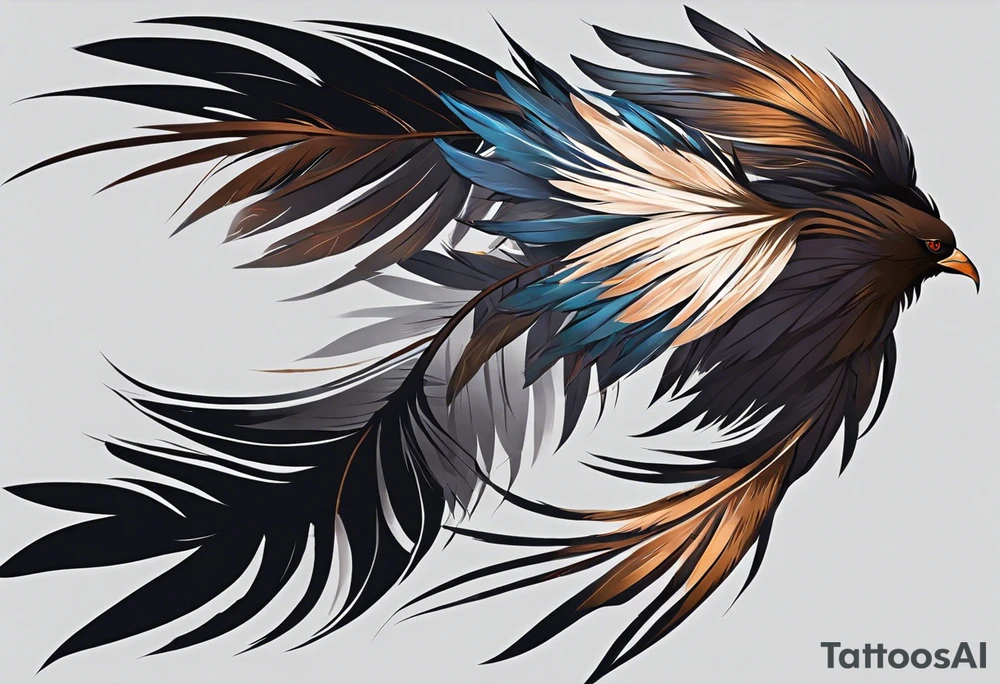 The tattoo begins on the left arm, at the elbow, where feathers are flying under the action of the wind towards the left hand. These feathers share the air space with branches that have leaves, and both elements move together up the left arm. As they approach the shoulder, some lightning appears between them. At this point, the feathers start to converge toward the left chest, where a vortex of energy reveals the head of an owl. The branches converge toward the left side of the back, passing over the shoulder. On the left side of the back, there is a dense, psychedelic element representing the energy of life's creation, with references to the earth, element, and planet. There is also a clay house in this area. tattoo idea
