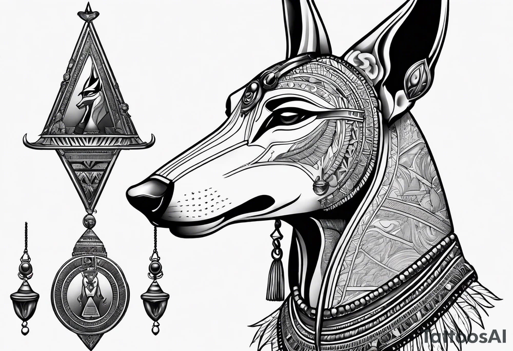 Egyptian style anubis god weighing the feather and the heart tattoo idea