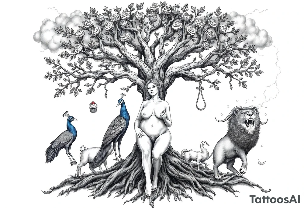 mystical tree of life with cosmic roots and celestial branches fat naked sexy woman , peacock , pig , cupcakes, liquor, cigerette, Storm clouds, pig, peacock , fat sexy naked fat woman, cupcakes, noose , money, goat lion, couple having sex, cigerette storm lightening, killing, darkness death, violent majestic creatures tattoo idea
