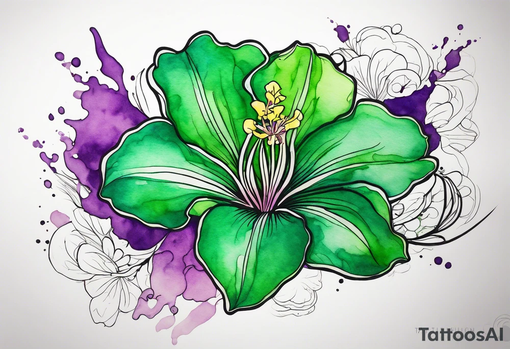An outline of a green rio dipladenia flower and a green and purple watercolor splash in the background tattoo idea