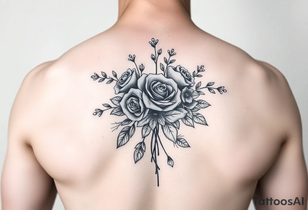 vintage bouquet of wild roses and meadow flowers with morning dew tattoo idea