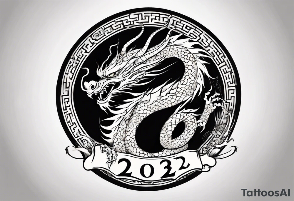 Chinese dragon in a circular shape with "02.03" written on its skin tattoo idea