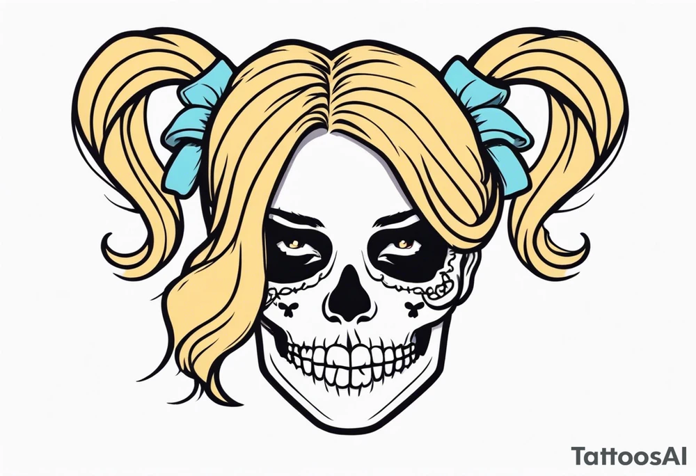 feminine skull  with hair in two blonde pigtails and crossbones underneath tattoo idea