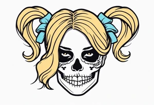 feminine skull  with hair in two blonde pigtails and crossbones underneath tattoo idea