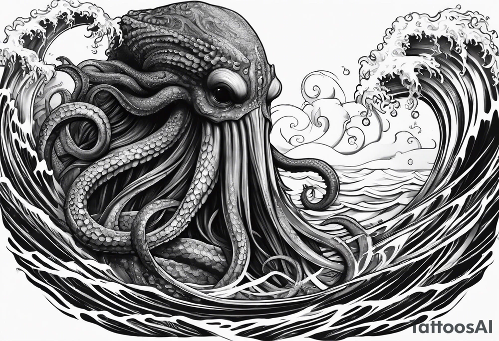 cthulu reaching out for ana anchor from the deep sea entangled with waves tattoo idea