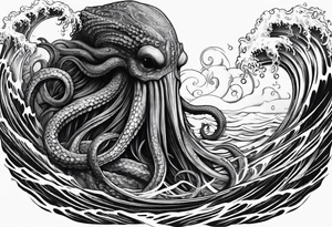 cthulu reaching out for ana anchor from the deep sea entangled with waves tattoo idea
