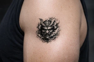 Samurai mask emerging from swirling smoke, black and grey, covering the shoulder. tattoo idea