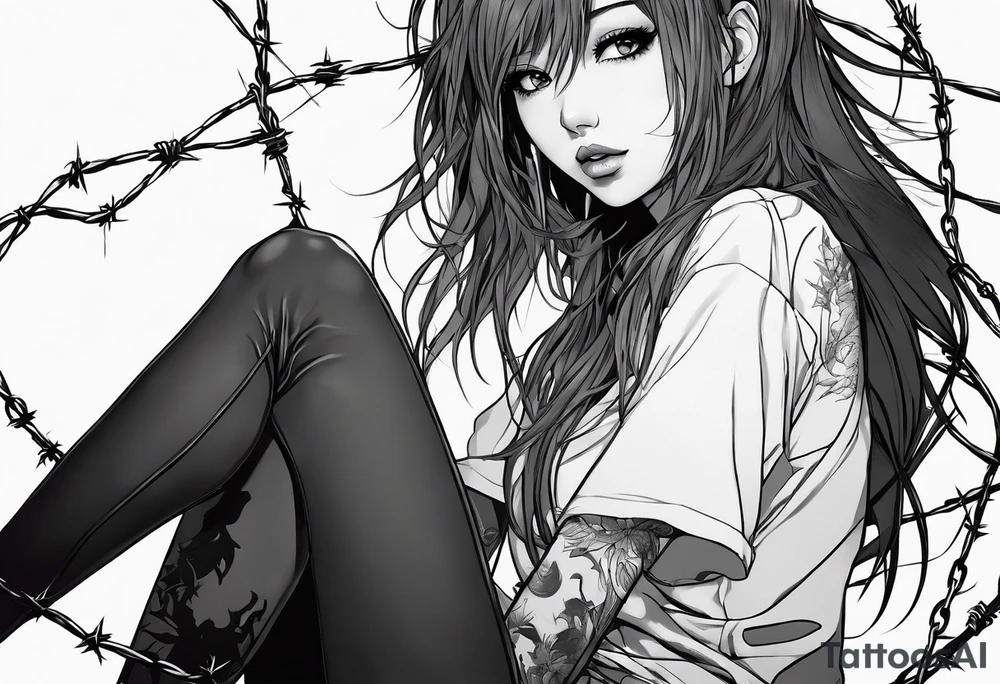 a bleeding anime girl, sitting on a ball, surrounded by barbed wire tattoo idea