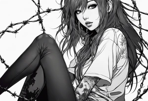 a bleeding anime girl, sitting on a ball, surrounded by barbed wire tattoo idea