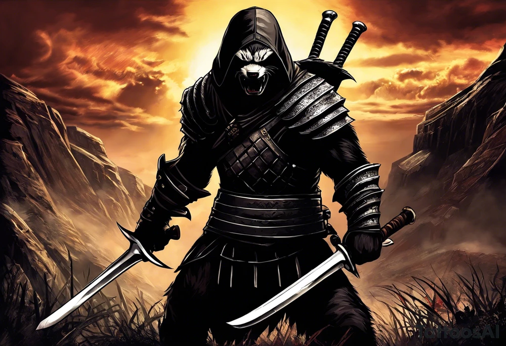 Draw me psychopath Honey Badger/Berserker/Assassin with aggressive full body, killer face with a scary smile, very long nails and he attacks like a Bloody Assassin/Warrior/Gladiator to us and also, he has very deadly looking. He fights with his nails only. Everybody scares after their first sight. Give me horror type Badger Tattoo. I want to see his Realistic full body with no weapons. You can show destruction at the back. tattoo idea