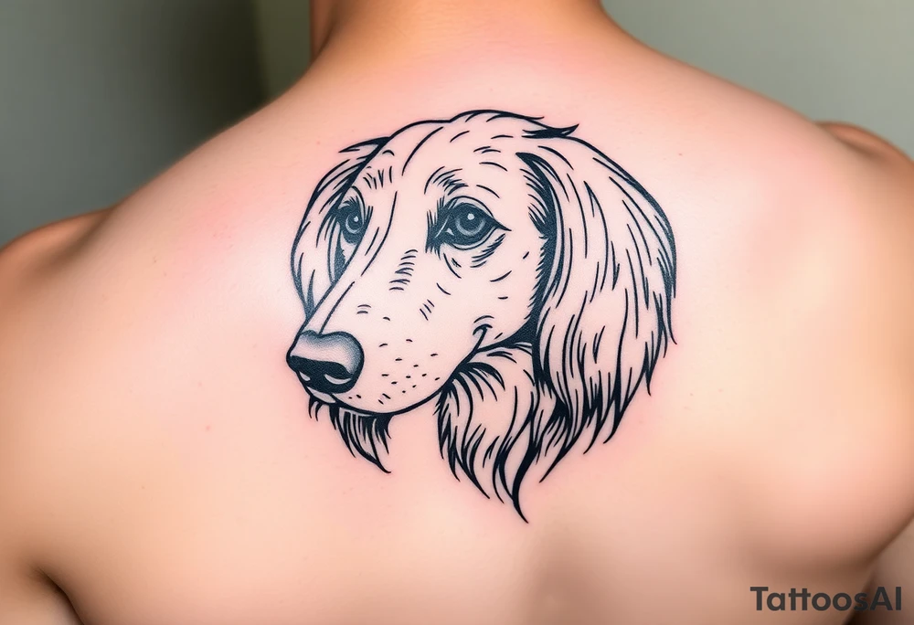 Outline sketch of a long haired dachshund head without eyes just the outline tattoo idea