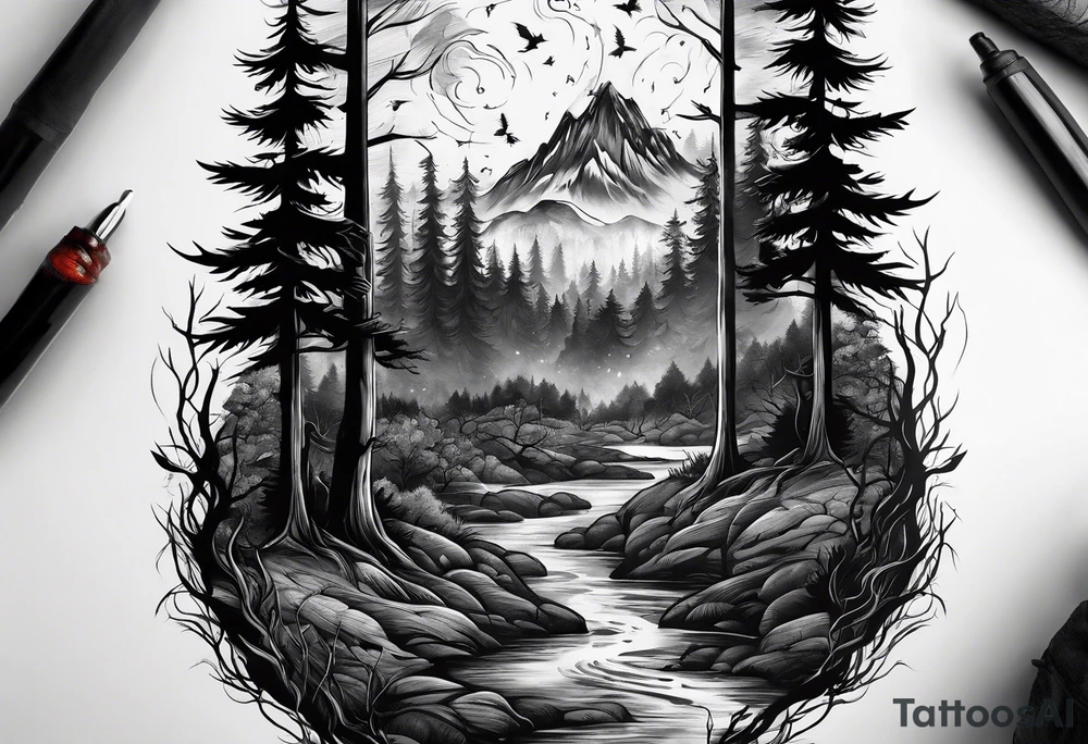 Living forest transitioning to a dead forest tattoo idea Living forest transitioning to a dead forest tattoo idea