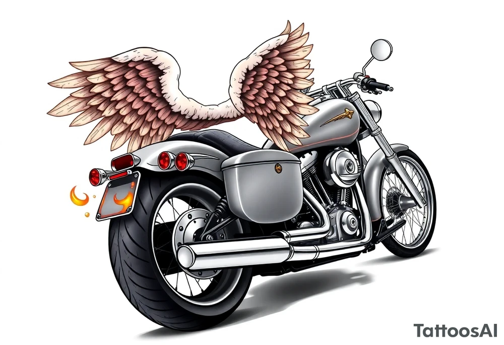 Low rider grey motorcycle, big muffler pipes with flames, angel wings, driving away, no person tattoo idea