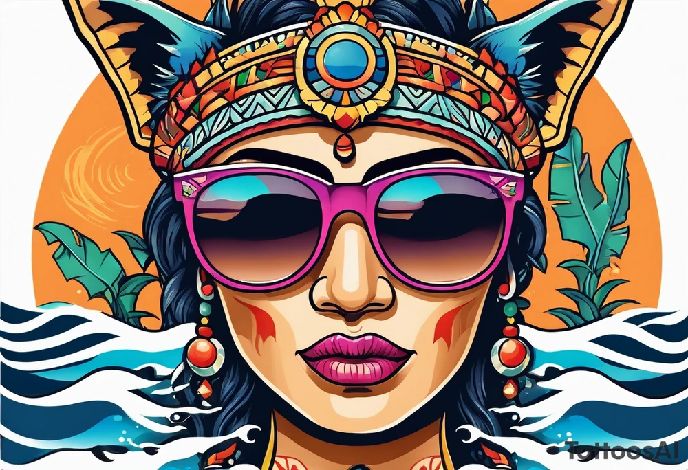 Colorful Mayan hieroglyph wearing sunglasses with ocean waves and bats tattoo idea