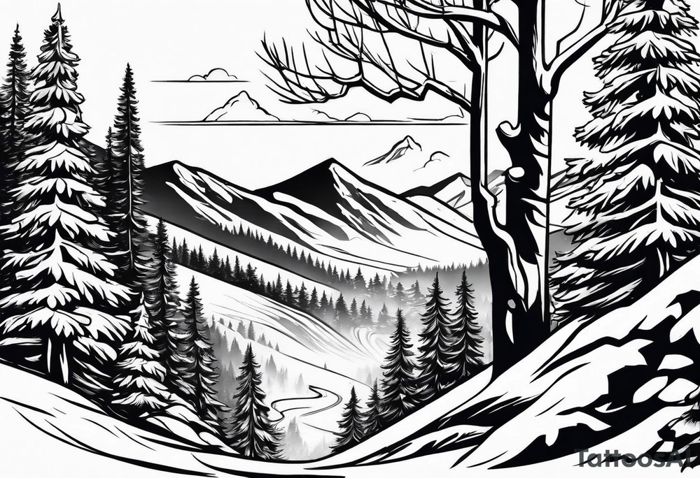 sleeve with trees, mountains and snow skier tattoo idea