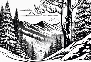sleeve with trees, mountains and snow skier tattoo idea