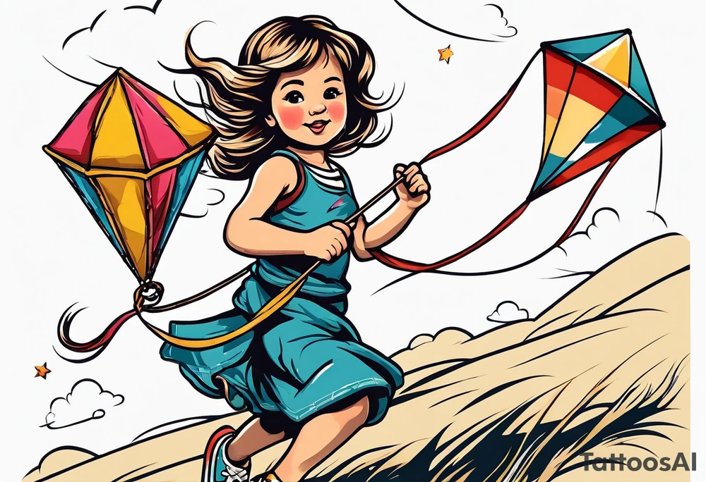 a little girl running away holding a kite tattoo idea