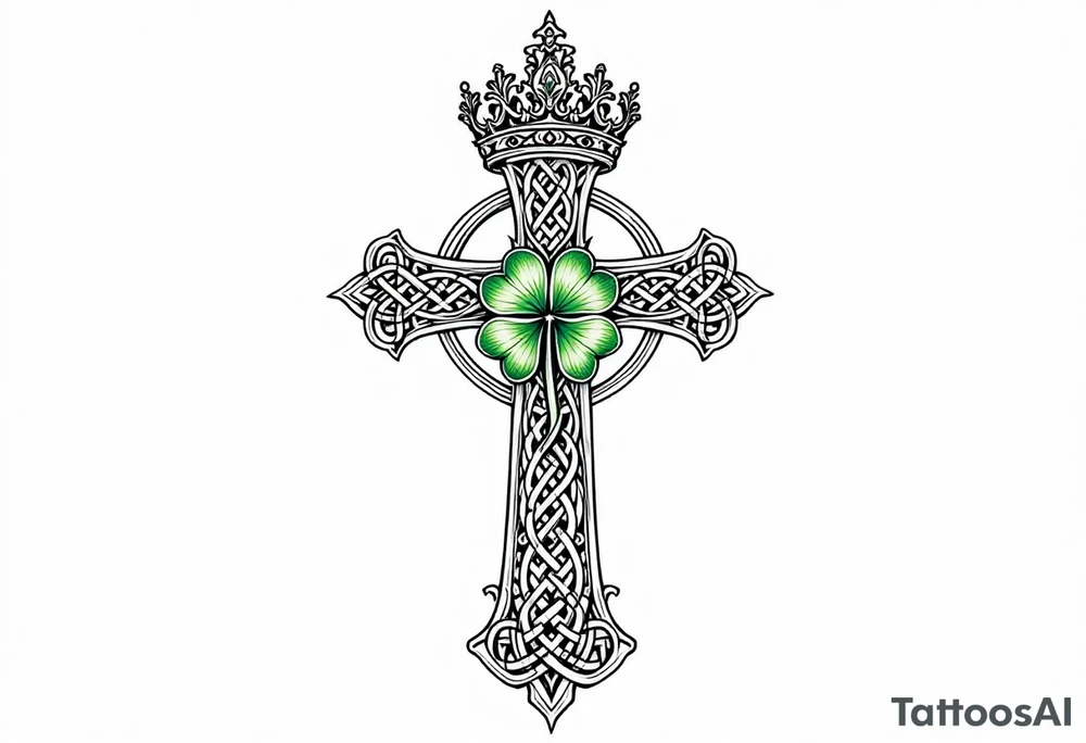 Celtic cross tattoo featuring intricate knotwork patterns along the arms and base of the cross. At the heart of the cross, place a vibrant four-leaf clover, its leaves shaded with subtle gradients of green, symbolizing luck and unity. Above the cross, incorporate a regal crown adorned with ornate details, such as small gemstones or filigree, to signify authority and strength. Behind the cross include a lot of filigree and celtic knots giving a tree of life vibe tattoo idea