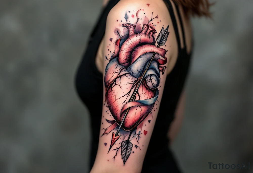 anatomical heart pierced by ornate arrow with flowing ribbons tattoo idea