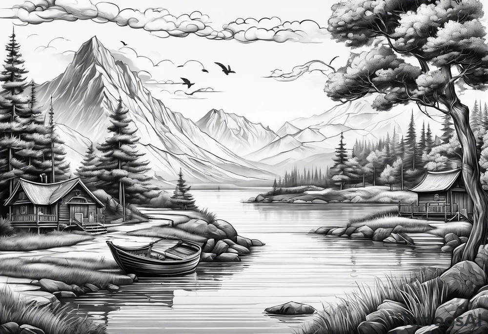 landscape and fishingpole and line with hook tattoo idea