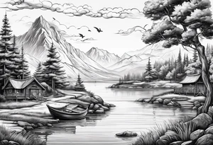 landscape and fishingpole and line with hook tattoo idea