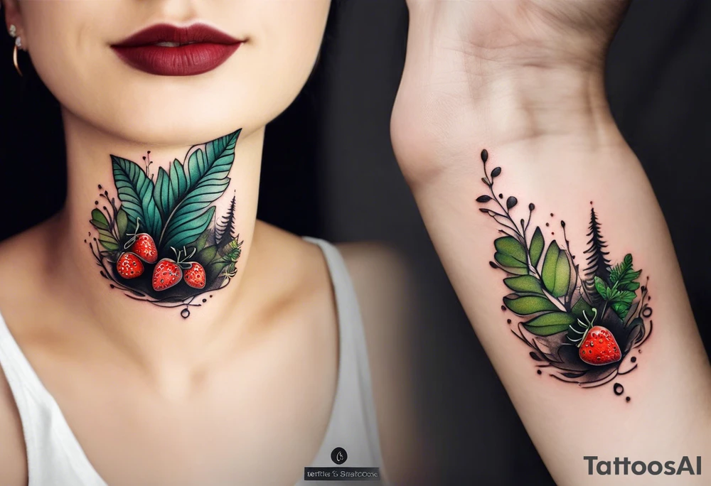forest floor inspired minimalist tattoo, which includes grass, curly ferns and dead leaves as the bulk of the tattoo. details to include: three very tiny strawberries, a tiny bumblebee flying nearby, three small brown mushrooms tattoo idea