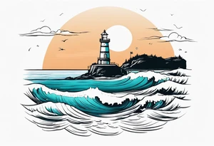 farol no oceano em mar agitado com desenho bem delicado tattoo idea