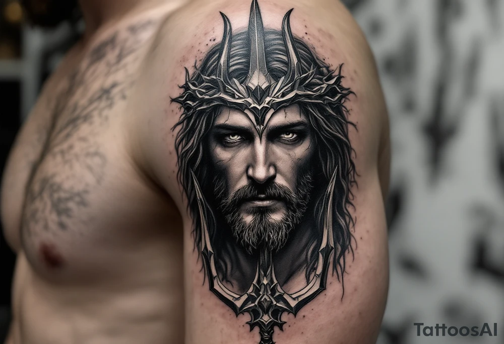 close-up jesus behind a trident tattoo idea