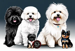 A white Bichon frise with a black pomeranian and a black golden doodle with the words “MFer 4 Life” tattoo idea