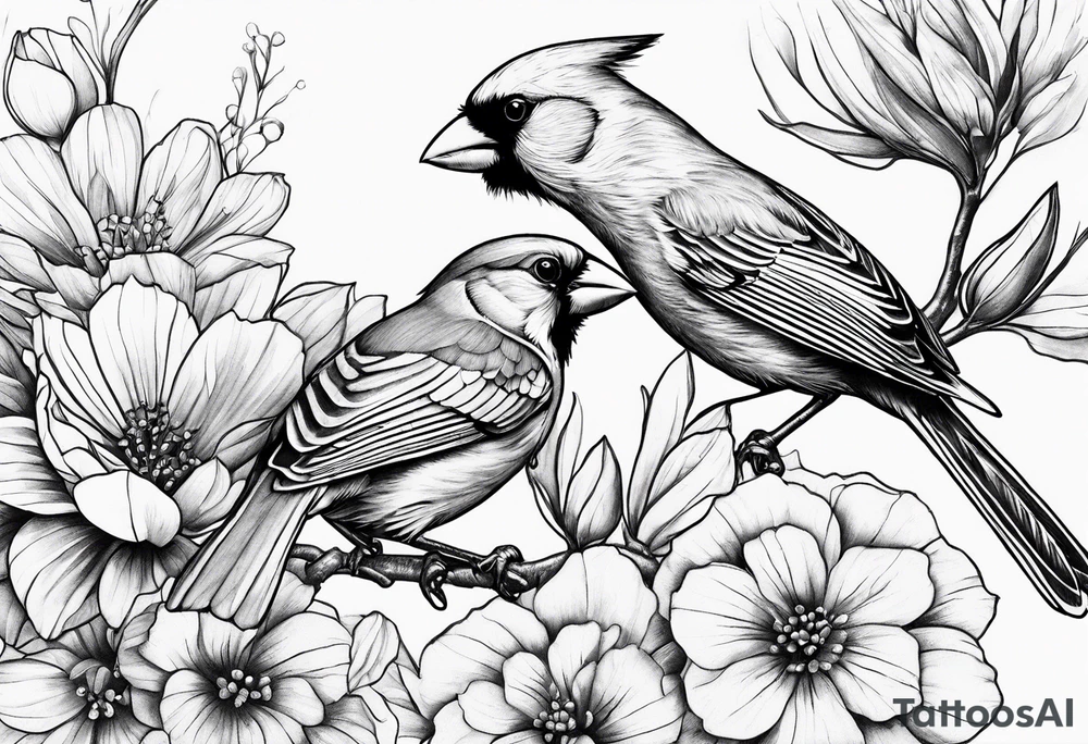 Flowers, 2 birds, cardinal hiraeth tattoo idea