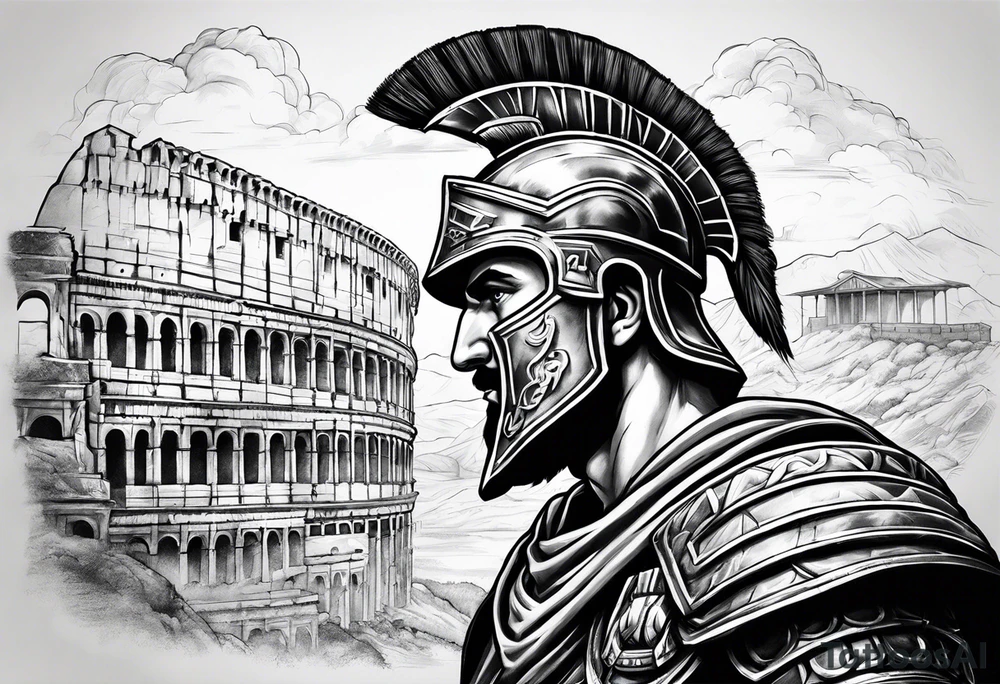 Side profile Spartan Solider ancient roman city in background tattoo idea
