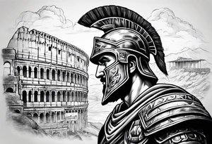 Side profile Spartan Solider ancient roman city in background tattoo idea