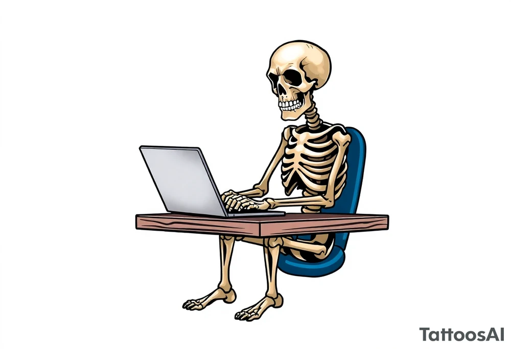 skeleton working at a desk with a laptop tattoo idea