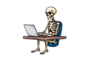 skeleton working at a desk with a laptop tattoo idea