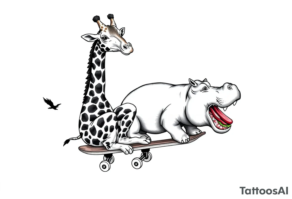 Majestic giraffe riding a skateboard and eating a hippo sandwich tattoo idea