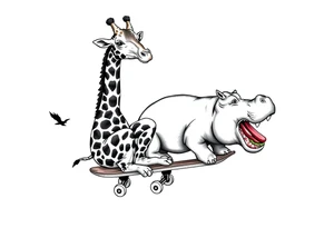 Majestic giraffe riding a skateboard and eating a hippo sandwich tattoo idea