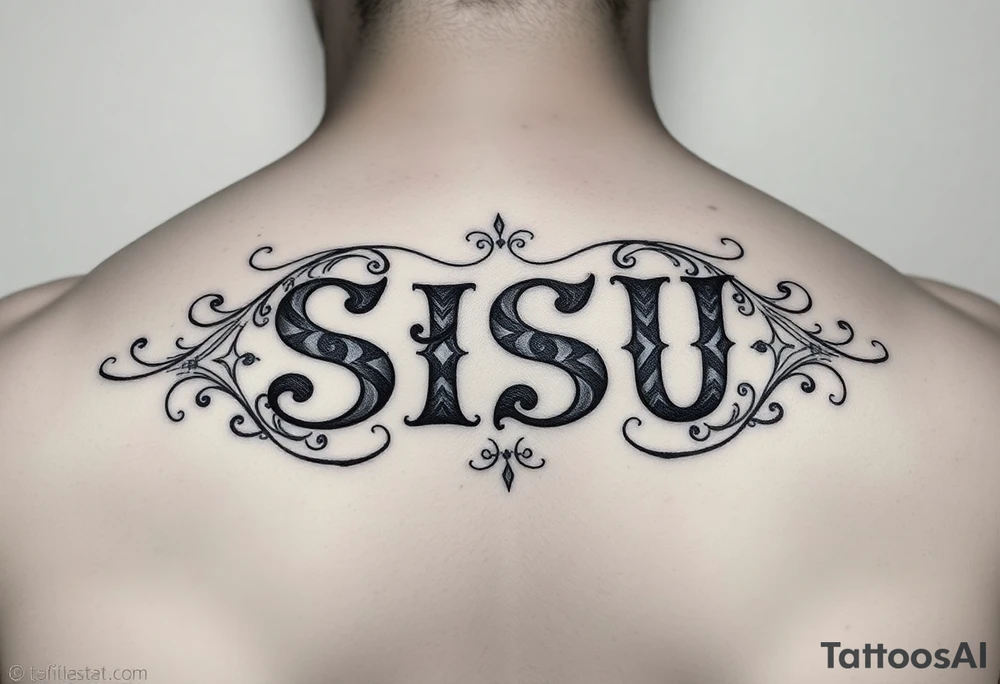 the word 'SISU' using chicano lettering style and filigree designs surrounding the word tattoo idea