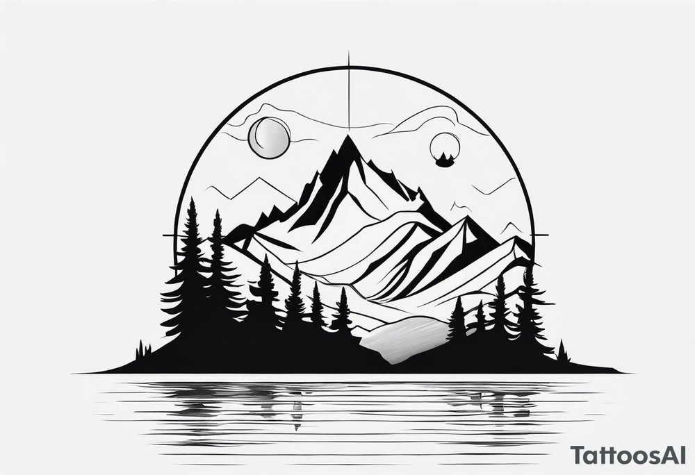 rocky mountains, compass, lake, reflection tattoo idea