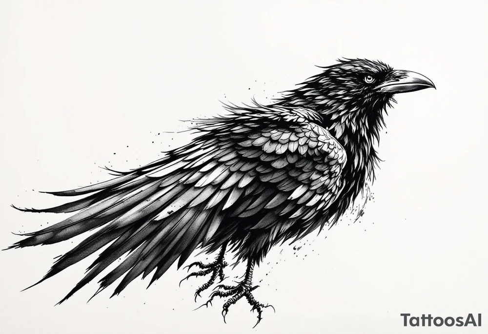 Raven on shoulder with wing extended onto chest tattoo idea