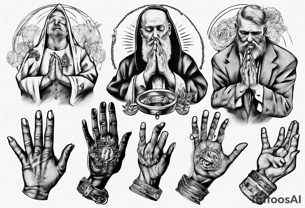 Hands of a praying man with money and rings tattoo idea