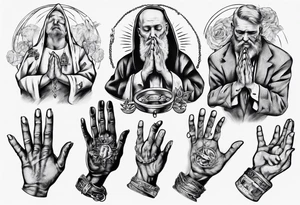 Hands of a praying man with money and rings tattoo idea