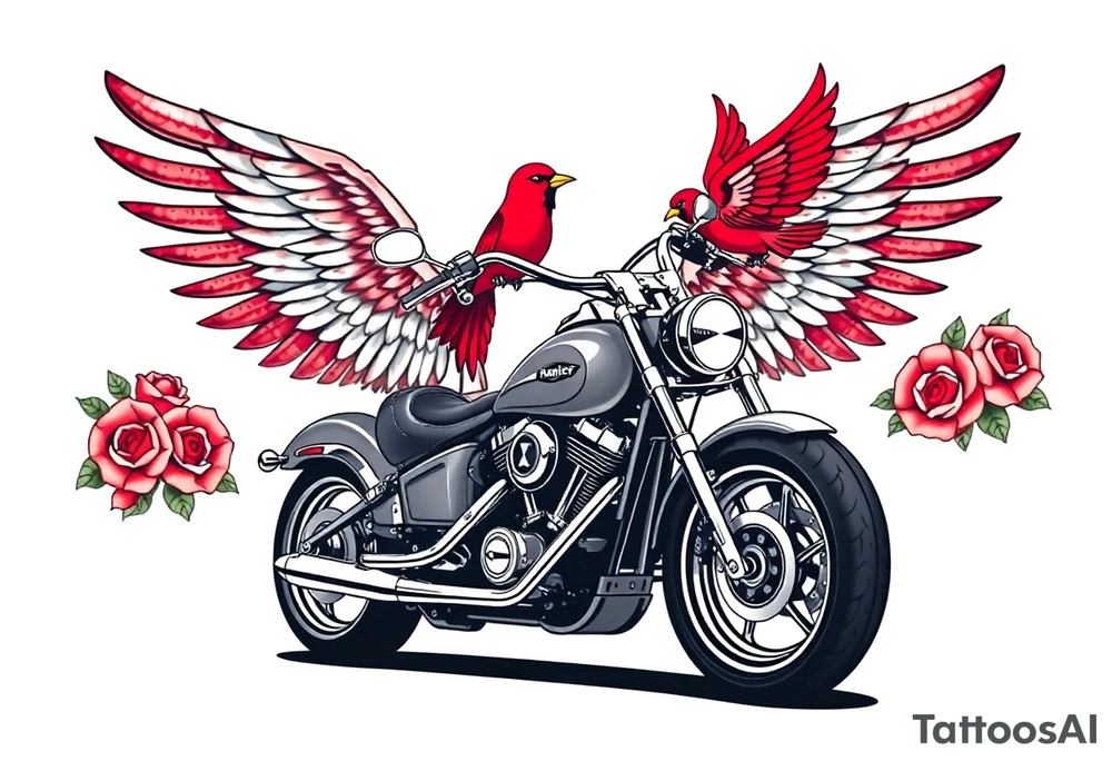Harley grey motorcycle driving away, two red birds flying, roses, flames, angel wings tattoo idea