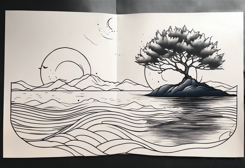 calm sea and tree of life tattoo idea