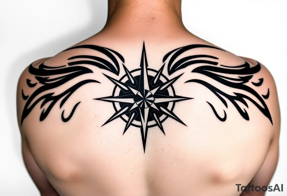 A sharp edged rip curl wave inside of an elongated diamond infront of a compass rose tattoo idea