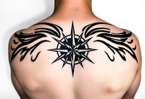 A sharp edged rip curl wave inside of an elongated diamond infront of a compass rose tattoo idea